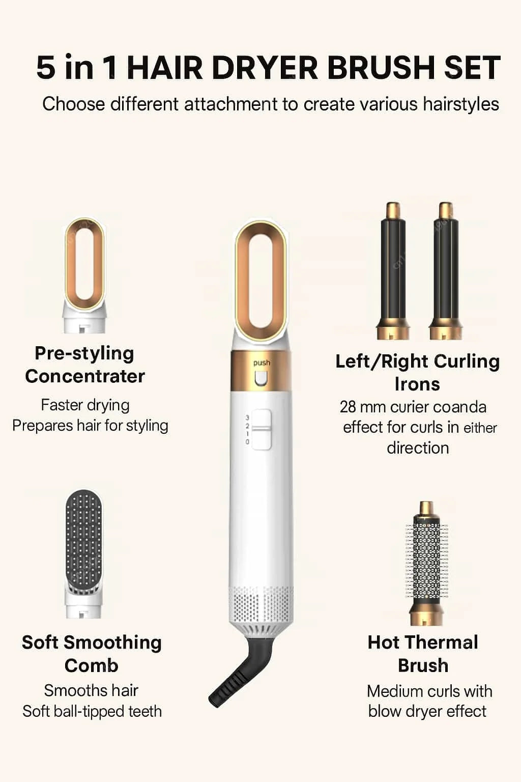 5 In 1 Hair Dryer Brush And Styler Kit Professional Hot Air Comb Curling Iron Hair Straightener For Volumizing And Styling